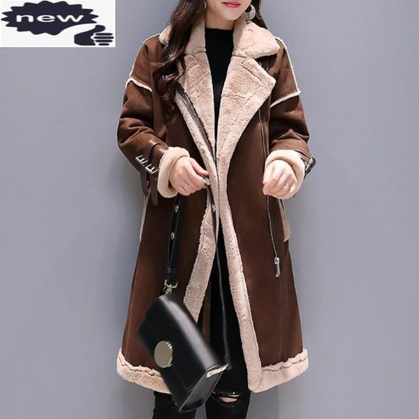 

women's trench coats winter motorcycle lambswool suede spliced woolen coat women vintage long sleeve warm outerwear office lady elegant, Tan;black