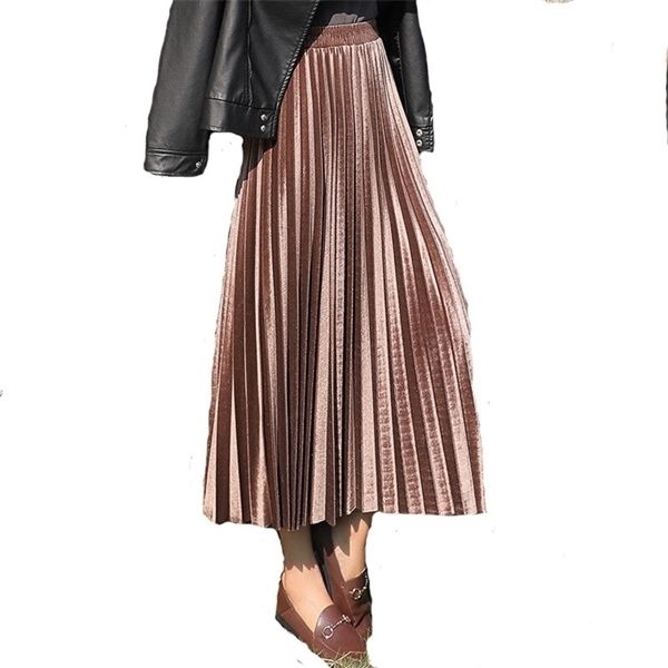 

pleated skirt women winter vintage high waist velvet black skirt ladies 2020 long silver maxi elascity casual party skirt c0127