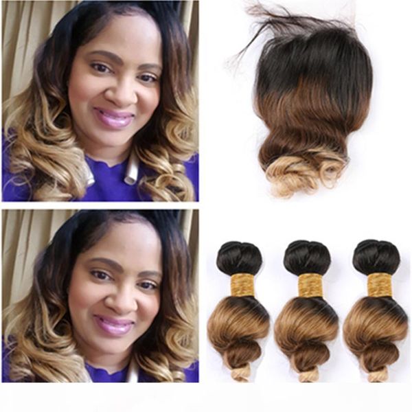 

#1b 4 27 ombre loose wave brazilian virgin hair weaves with closure three tone ombre wavy human hair 3bundles with lace closure 4x4, Black
