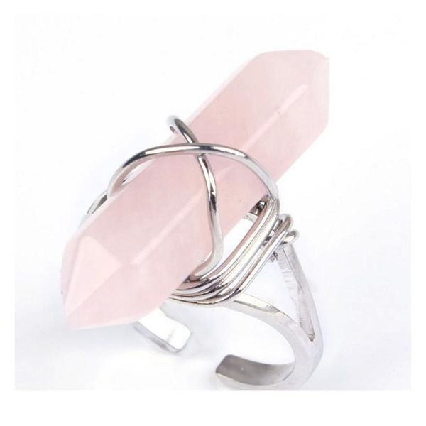 

wire wrapped resizable hexagon column natural stone rings pink crystal finger rings for women party jewelry fashion fin jllayq, Black