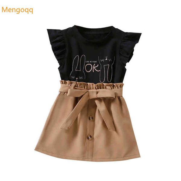 

fashion young children girls summer fly sleeve letter t-shirts solid belt skirts kids baby clothing set 2pcs 18m-6y g220217, White