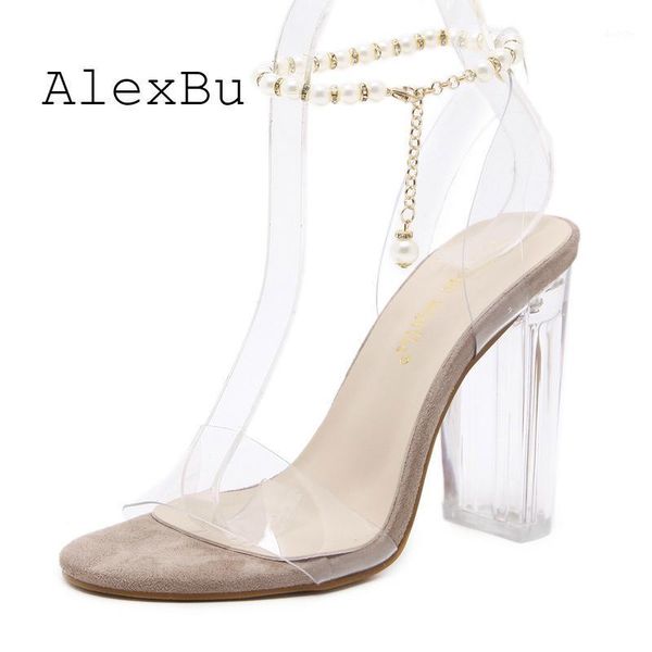 

alexbu women sandals 2021 transparent super high heels female pearl shoes pumps luxury lady square heels pumps party dress shoes1, Black