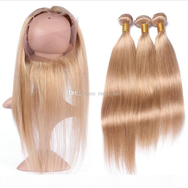 

#27 honey blonde 8a 360 frontal with bundles straight peruvian virgin human hair pre plucked 360 lace frontal closure with bundles 4pcs lot, Black;brown