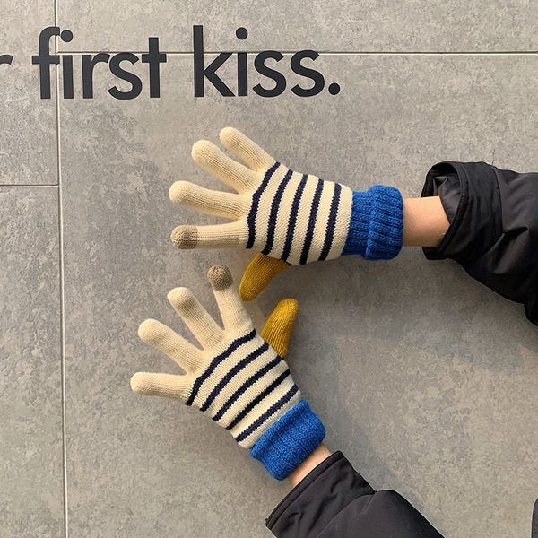 

korean gloves warm in winter lovely wool color stripe touch screen
