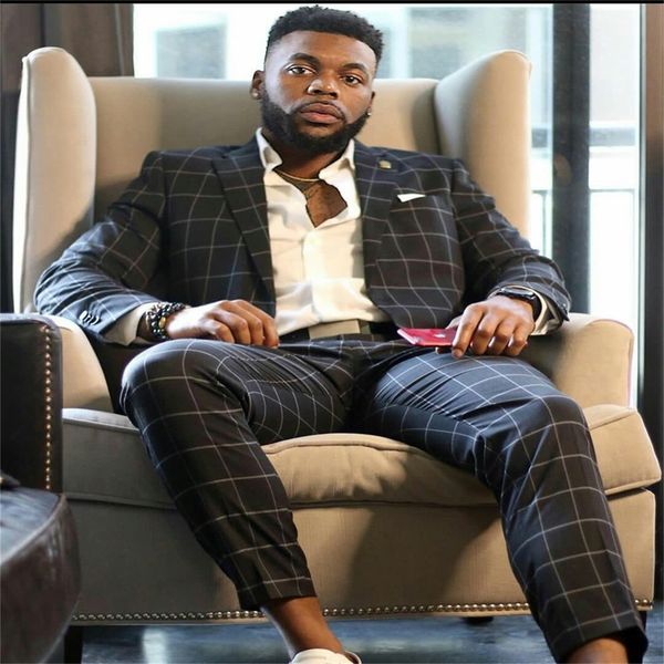 

plaid men suits 2 piece cotton customized fit fashion formal lapel casual party suits coat+pant, Black;gray