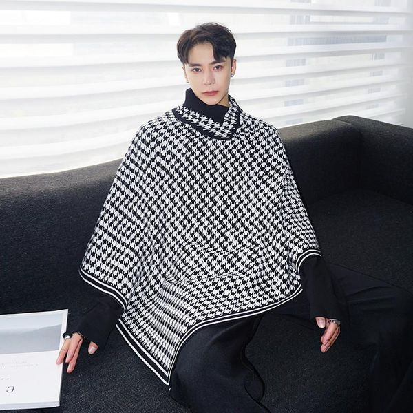 

new men houndstooth plaid pullover turtleneck sweater cloak cape male women streetwear vintage casual knitwear sweater1, White;black