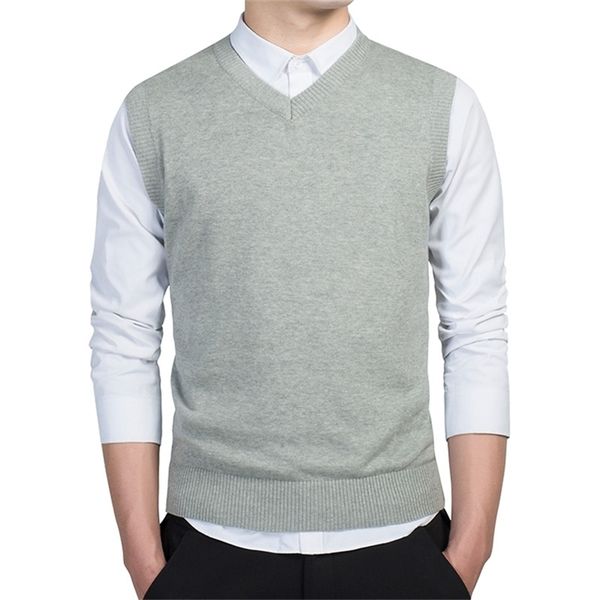 

100% cotton sweater men autumn warm mens sweaters classic pure color v-neck sleeveless vest pull homme winter men's clothing 3xl 201214, White;black