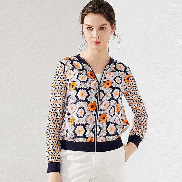 

100% silk jacket women lightweight fabric printed long sleeves casual bomber coat fashion style new fashion1, Black;brown