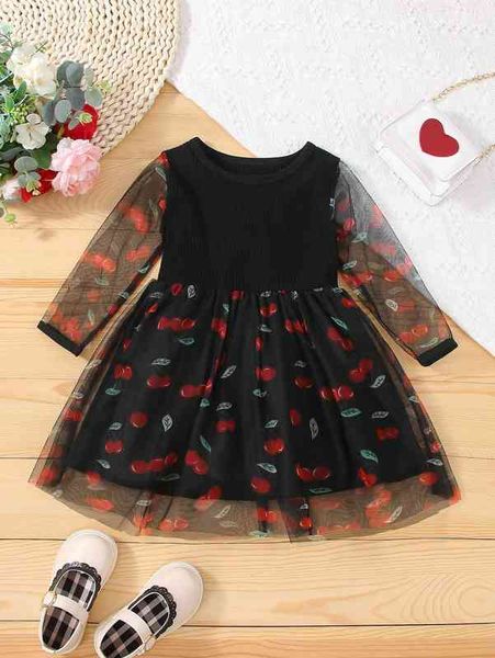 

baby cherry print mesh panel dress she, Red;yellow