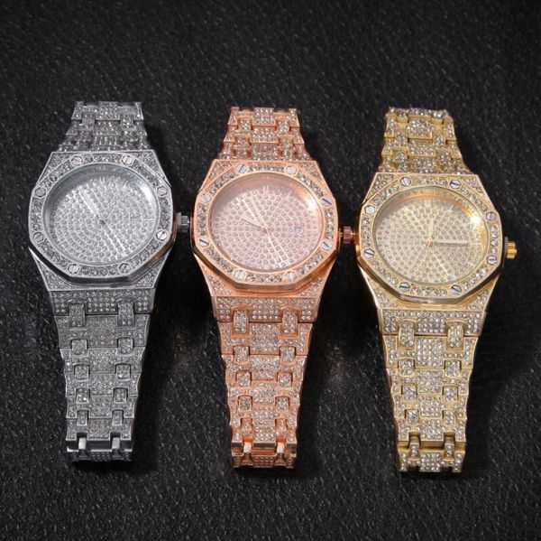 

new diamond inlaid men's watch hip hop trendsetter fashion big dial calendar quartz watch ing, Slivery;brown