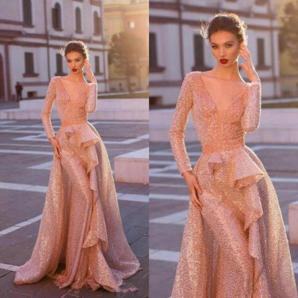 

2020 new mermaid prom dresses with detachable train v neck lace sequined evening gowns ruffles formal cocktail occasion dress1, White;black
