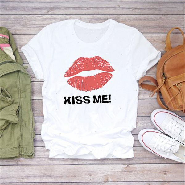 

women 2021 summer fashion kiss me red lip print short sleeve lady t shirts t shirt ladies womens graphic female tees, White