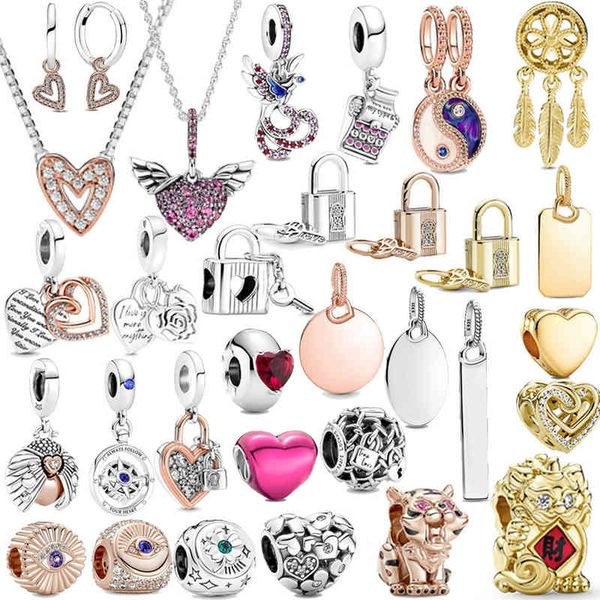 

for pandora bracelet original 100% 925 sterling silver charm pendant heart shaped padlock valentine's day jewelry gift 2022 new, Golden;silver