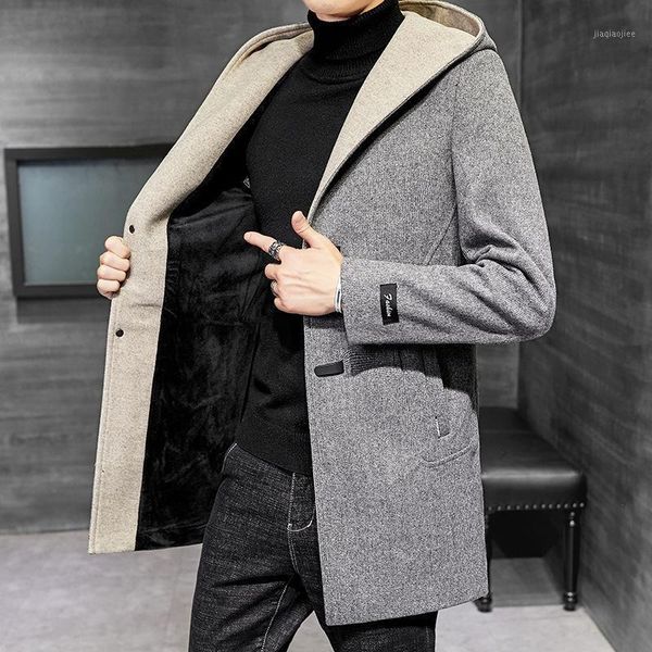 

winter of 2021 the new horn double-sided cloth coat male long hooded jacket thickening han edition cultivate morality1, Black