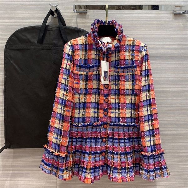 

european and american women's clothing 2020 summer new style long - sleeved standneck with rainbow plaid fashionable tweed coat lj20112, Black