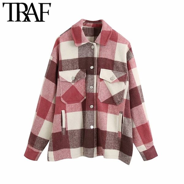 

traf women vintage stylish oversized plaid jacket coat fashion lapel collar long sleeve pockets loose outerwear chic 201112, Black;brown