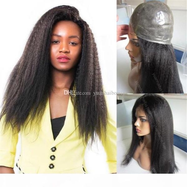 

silicone base human hair wig 1b kinky straight indian virgin hair full thin skin wig ing, Black;brown
