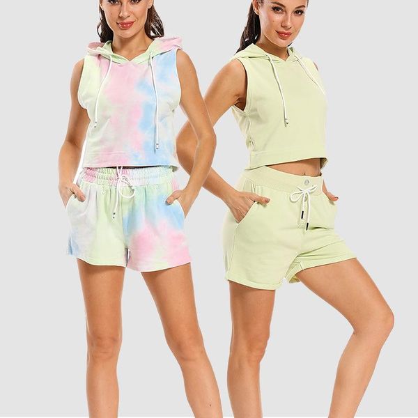 

autumn tie dye sporty hooded tracksuit s-xl sleeveless pullover jogging set outdoor sports casual fitness running two piece set, White;black