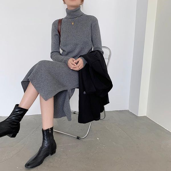 

high fashion korean design warm knitted dresses women casual 2021 long sweater dress f178, Black;gray