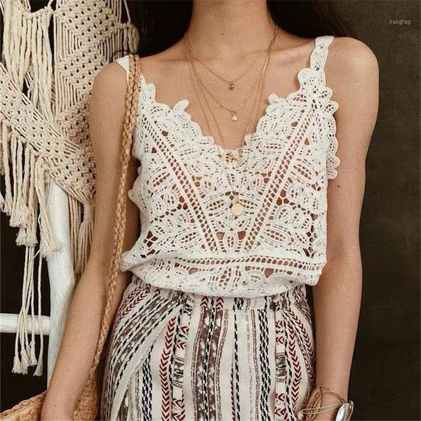 

summer lace solid hollow out camisole fashion women's v-neck tank female casual loose knitted vest camis, White