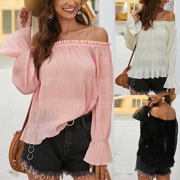 

spring summer women solid color t-shirt one shoulder ruffled flounce long sleeve casual pretty comfortable stylish shirt a401, White