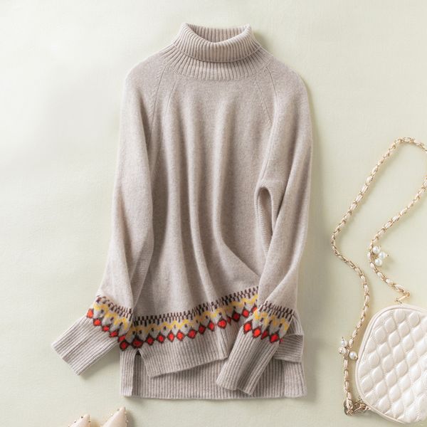 

2021 новые 100% женщина высокая водолазка джимпер настоящий тонкий шерстяной свитер ухоженный подол жаккардовый ночной гикпаун raglan рукав, White;black