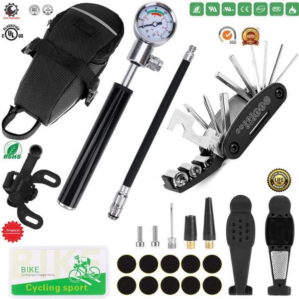 

bike tire repair tool kit with 210 psi gauge hand pump,16 in 1 multi bicycle fix tools,patch tool tire puncture repair kit sport1