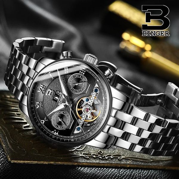 

classic business men automatic tourbillon watches self-winding mechanical watch multi functional male full steel wristwatch 3bar, Slivery;brown