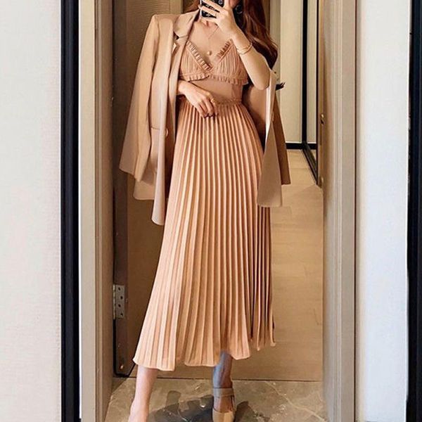 

women's tracksuits autumn women pleated dress 2 piece female fashion blazer coat and spaghetti strap suit elegant party, Gray