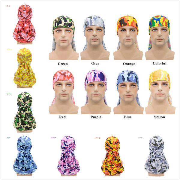 Neue Mode Herren Satin Camouflage Print Durags Bandana Turban Perücken Männer seidige Durag Kopfbedeckung Stirnband Piratenhut Haarschmuck