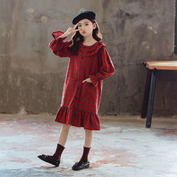 

long autumn lotus new sve girls' collar drs korean red plaid princs shirt children's skirt, Red;yellow