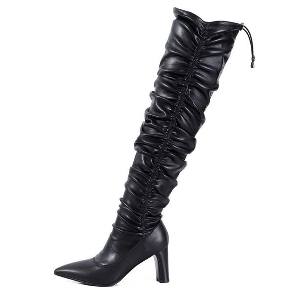 Горячая распродажа 2020 новое поступление натуральные кожаные сапоги плиссированные на колене сапоги женщины высокие каблуки бедра высокие ботинки партии клуб