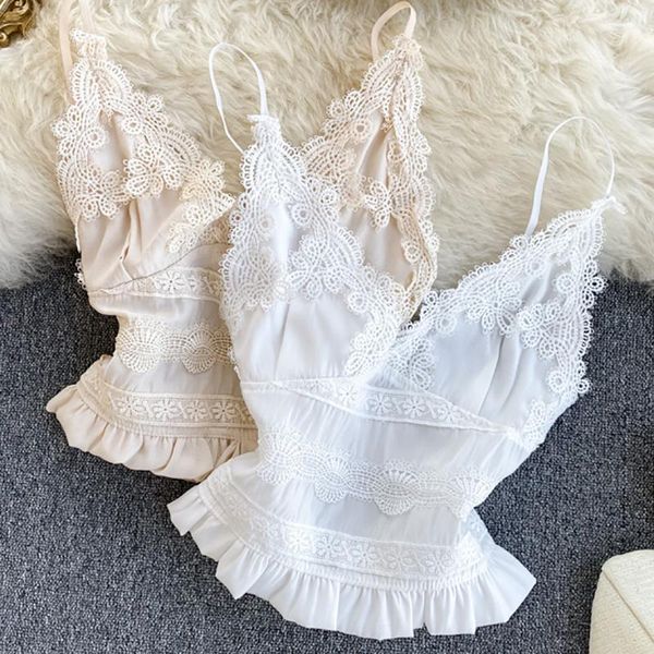 

french sweet lace spaghetti cropped for women v neck elastic waist slim fit body backless camis party club unerwear vest1, Black;white