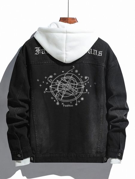 

men 1pc galaxy & letter embroidery single breasted denim jacket t70y#, Blue