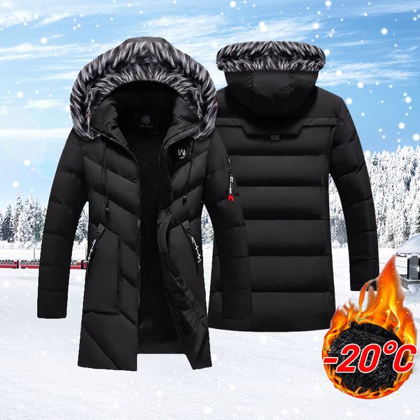 

winter men jackets warm thick multi-pocket hooded parkas coats mens casual fleece fur collar windbreaker padded overcoat solid 201118, Black