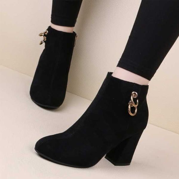 

mcckle women flock ankle boots autumn pumps ladies plush shoes zipper chain high heels pointed toe plus size fashion short boot c0202, Black