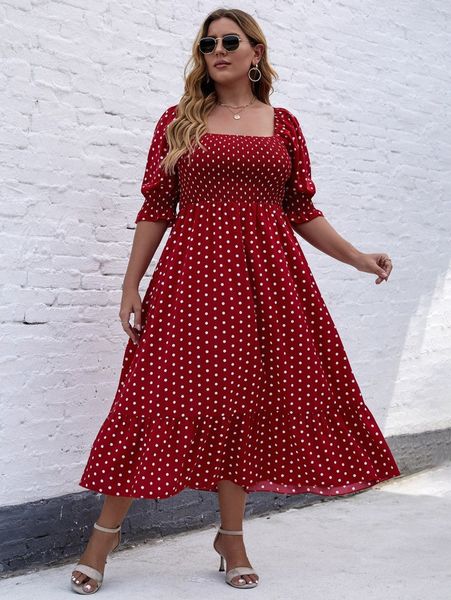 

plus polka dot shirred square neck ruffle hem dress 20h8#, Black