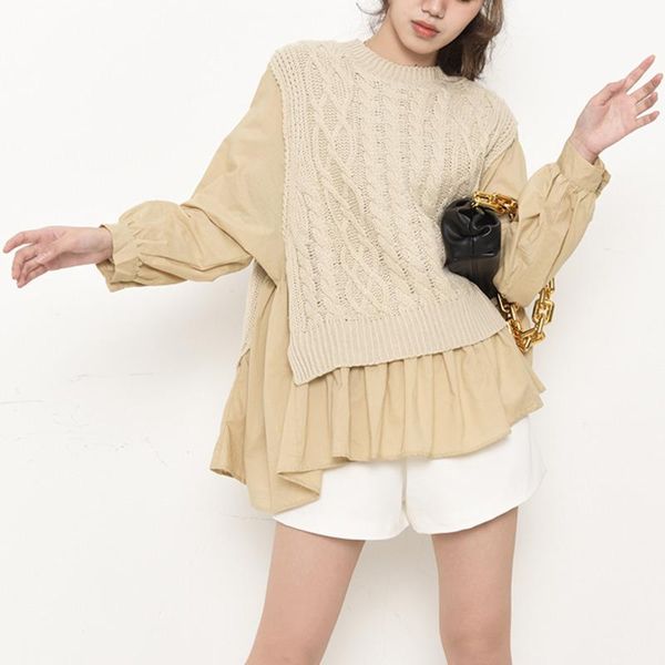 

women's sweaters [ewq] stitching ruffle trend queen's autumn knit plus-sized o neck knitted coat 2021 fake piece sweater, White;black