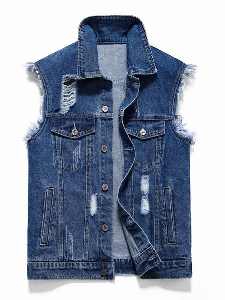 

men ripped frayed cat scratch vest denim jacket n857#, Blue