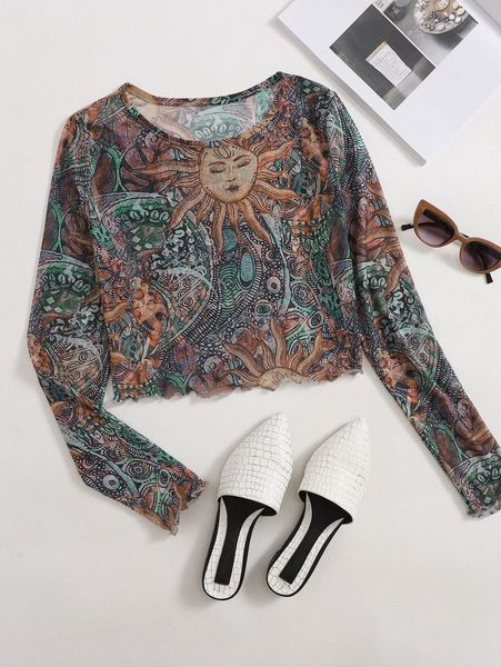 

all over print sheer mesh lettuce trim crop b763#, White