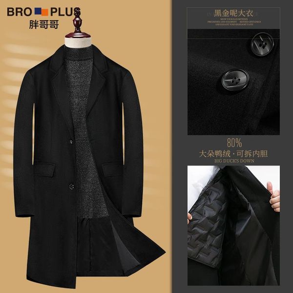 

fat brother warm double faced woolen overcoat men's medium length fattening and loose down coat, Black