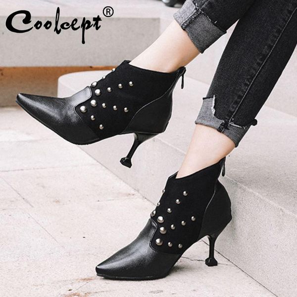 

boots coolcept plus size 32-48 winter warm ankle women pointed toe thin high heels shoes rivets zipper office ladies footwear, Black