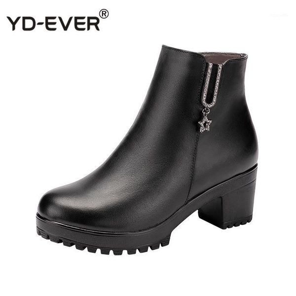 

boots leather autumn winter shoes women ankle female thick heels boot platform warm1, Black