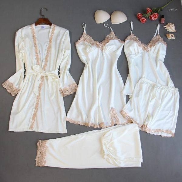 

robe sets 5 pieces robe+nightdress+shorts silk satin bathrobe set summer sleepwear lace nightwear set for women pijama mujer1, Black;red