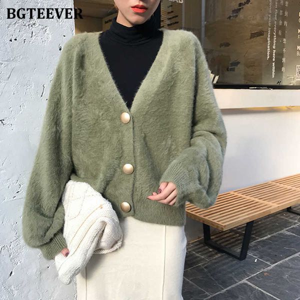 

bgteever elegant loose women knitted cardigans lantern sleeve mohair sweater jumpers 2021 autumn winter female cardigan jacket t200820, White;black
