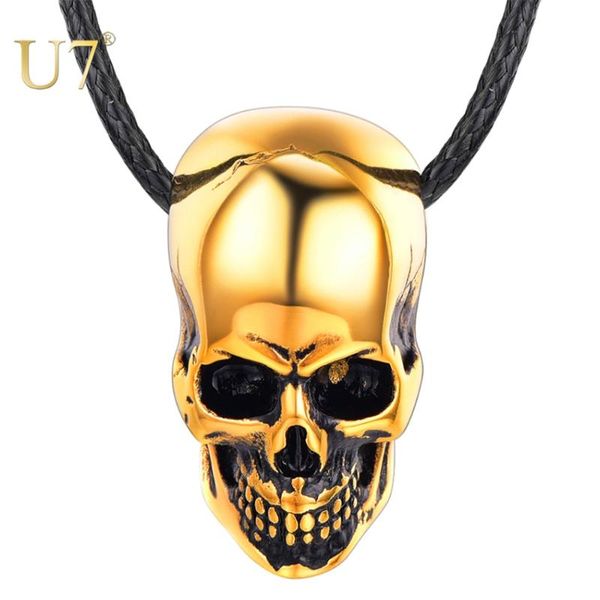 

pendant necklaces u7 halloween jewelry skull necklace for men/women punk gift stainless steel gothic biker black leather cord chain p1238, Silver