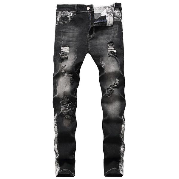 

men's jeans black blue large size hole straight stretch explosion trend pants