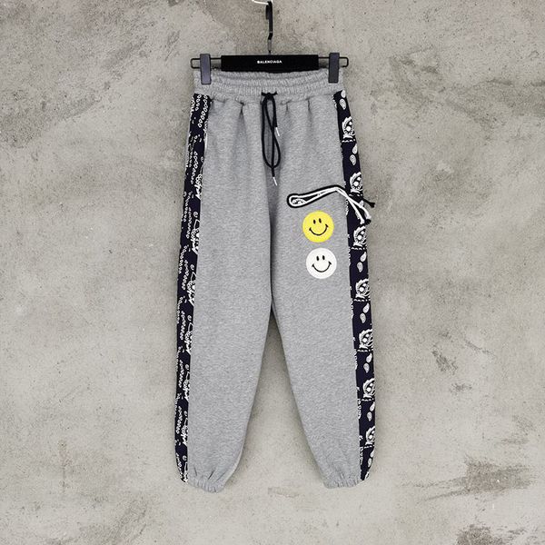

autumn winter europe usa fashion embroidery smile face smiley side bandanna print trousers casual sweatpants men women jogger pants bottoms, Black