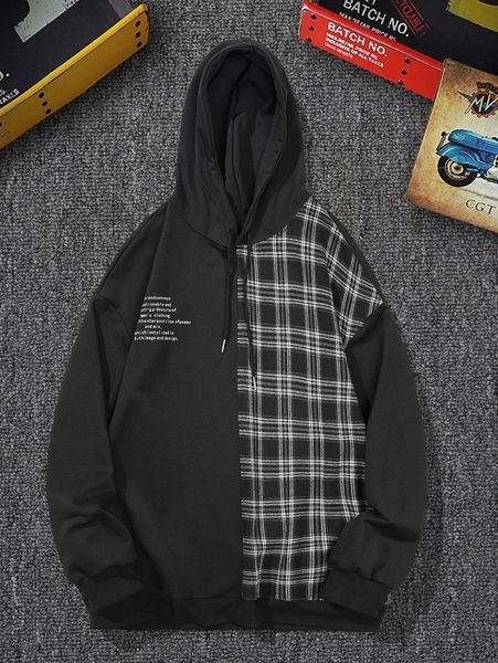 

men tartan & slogan graphic drop shoulder drawstring hoodie t4wb#, Black