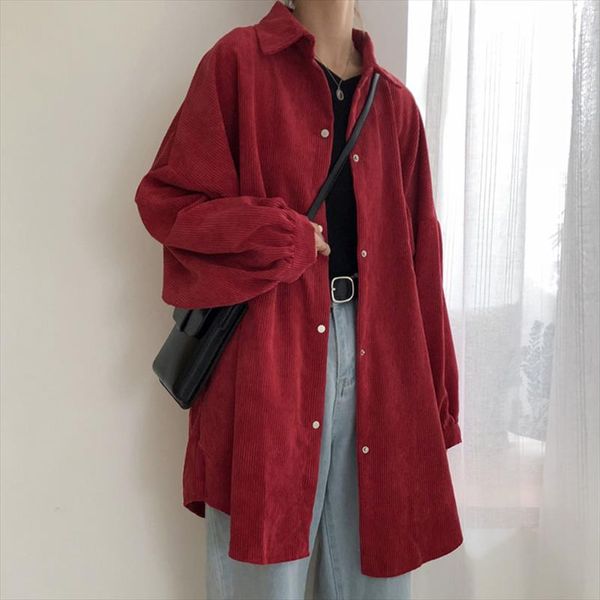 

casual corduroy long cardigan women red black long sleeve turn down collar loose coat female fashion safari style oversize coat, White